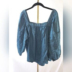 Madewell Denim Square-Neck Pleated Sleeve Boho Chambray Blouse Blue